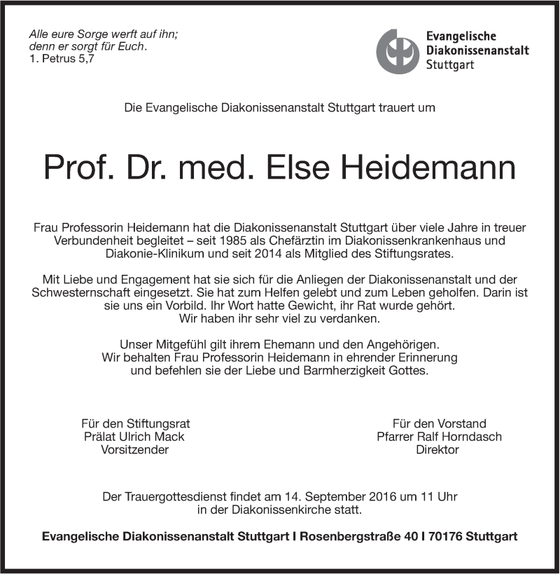  Traueranzeige für Else Heidemann vom 10.09.2016 aus Stuttgarter Zeitung / Stuttgarter Nachrichten
