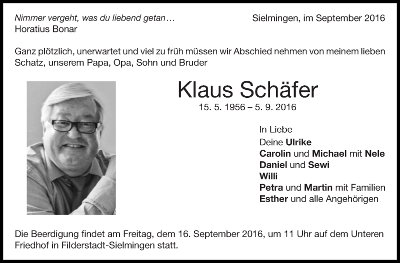  Traueranzeige für Klaus Schäfer vom 14.09.2016 aus Stuttgarter Zeitung / Stuttgarter Nachrichten