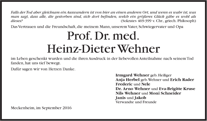  Traueranzeige für Heinz-Dieter Wehner vom 03.09.2016 aus Stuttgarter Zeitung / Stuttgarter Nachrichten