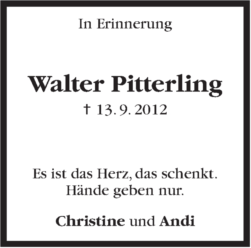  Traueranzeige für Walter Pitterling vom 13.09.2016 aus Stuttgarter Zeitung / Stuttgarter Nachrichten