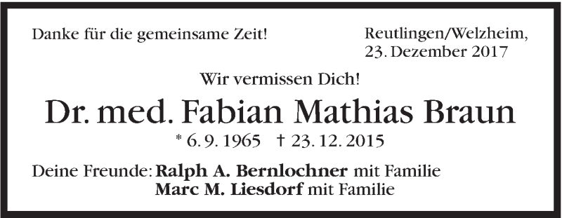 Traueranzeige für Fabian Mathias Braun vom 23.12.2017 aus Stuttgarter Zeitung / Stuttgarter Nachrichten