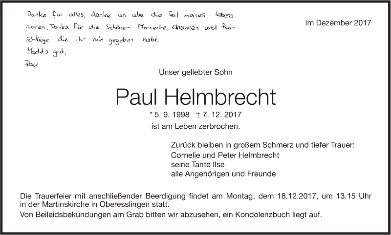  Traueranzeige für Paul Helmbrecht vom 13.12.2017 aus Stuttgarter Zeitung / Stuttgarter Nachrichten