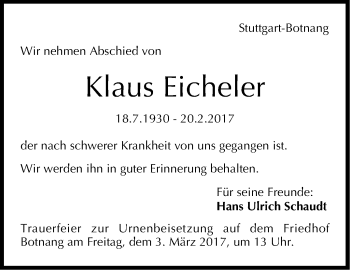Traueranzeige von Klaus Eicheler von Stuttgarter Zeitung / Stuttgarter Nachrichten