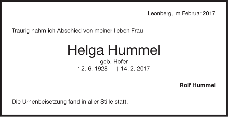  Traueranzeige für Helga Hummel vom 23.02.2017 aus Stuttgarter Zeitung / Stuttgarter Nachrichten