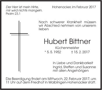 Traueranzeige von Hubert Bittner von Stuttgarter Zeitung / Stuttgarter Nachrichten