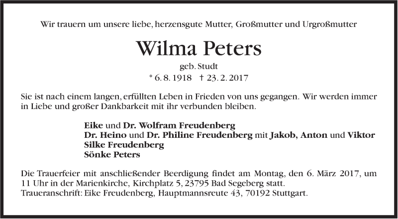  Traueranzeige für Wilma Peters vom 25.02.2017 aus Stuttgarter Zeitung / Stuttgarter Nachrichten