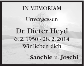 Traueranzeige von Dieter Heyd von Stuttgarter Zeitung / Stuttgarter Nachrichten