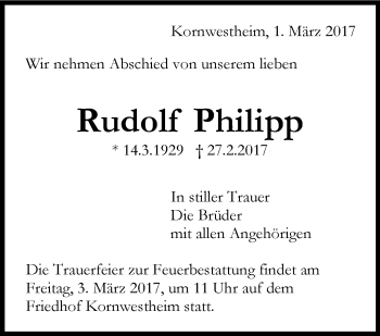 Traueranzeige von Rudolf Philipp von Stuttgarter Zeitung / Stuttgarter Nachrichten