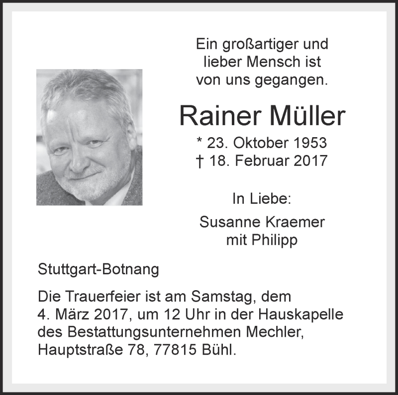  Traueranzeige für Rainer Müller vom 25.02.2017 aus Stuttgarter Zeitung / Stuttgarter Nachrichten