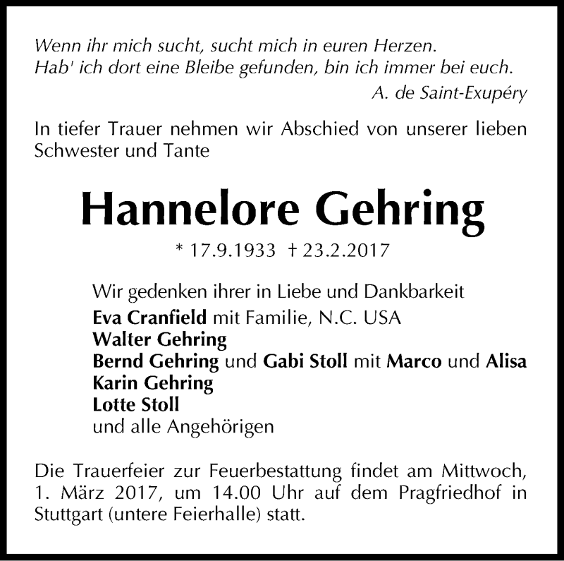  Traueranzeige für Hannelore Gehring vom 25.02.2017 aus Stuttgarter Zeitung / Stuttgarter Nachrichten