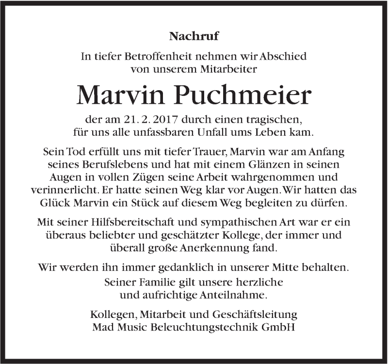  Traueranzeige für Marvin Puchmeier vom 24.02.2017 aus Stuttgarter Zeitung / Stuttgarter Nachrichten