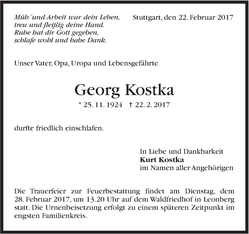  Traueranzeige für Georg Kostka vom 25.02.2017 aus Stuttgarter Zeitung / Stuttgarter Nachrichten