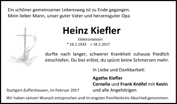 Traueranzeige von Heinz Kiefler von Stuttgarter Zeitung / Stuttgarter Nachrichten