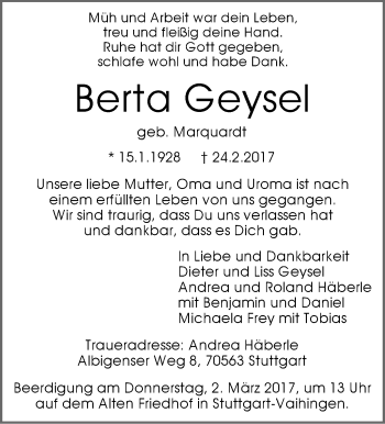 Traueranzeige von Berta Geysel von Stuttgarter Zeitung / Stuttgarter Nachrichten
