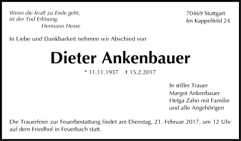 Traueranzeige von Dieter Ankenbauer von Stuttgarter Zeitung / Stuttgarter Nachrichten