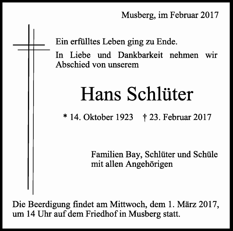  Traueranzeige für Hans Schlüter vom 27.02.2017 aus Stuttgarter Zeitung / Stuttgarter Nachrichten