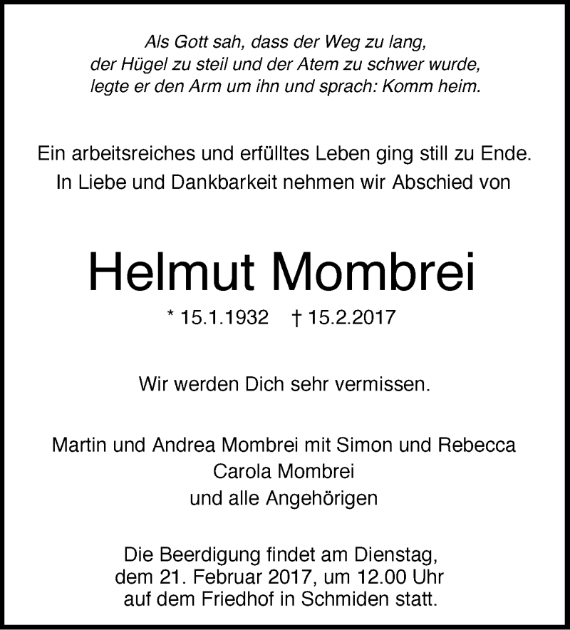  Traueranzeige für Helmut Mombrei vom 17.02.2017 aus Stuttgarter Zeitung / Stuttgarter Nachrichten
