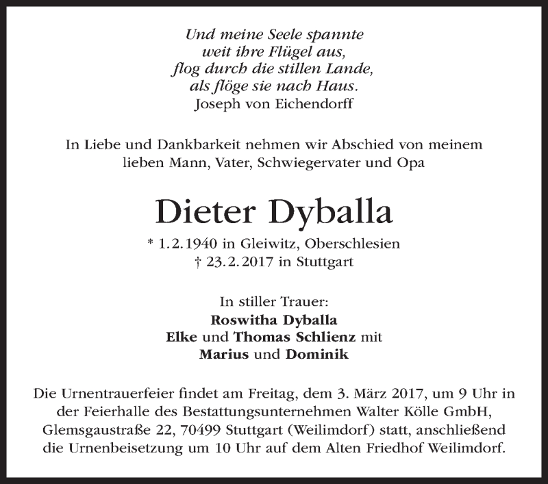  Traueranzeige für Dieter Dyballa vom 25.02.2017 aus Stuttgarter Zeitung / Stuttgarter Nachrichten