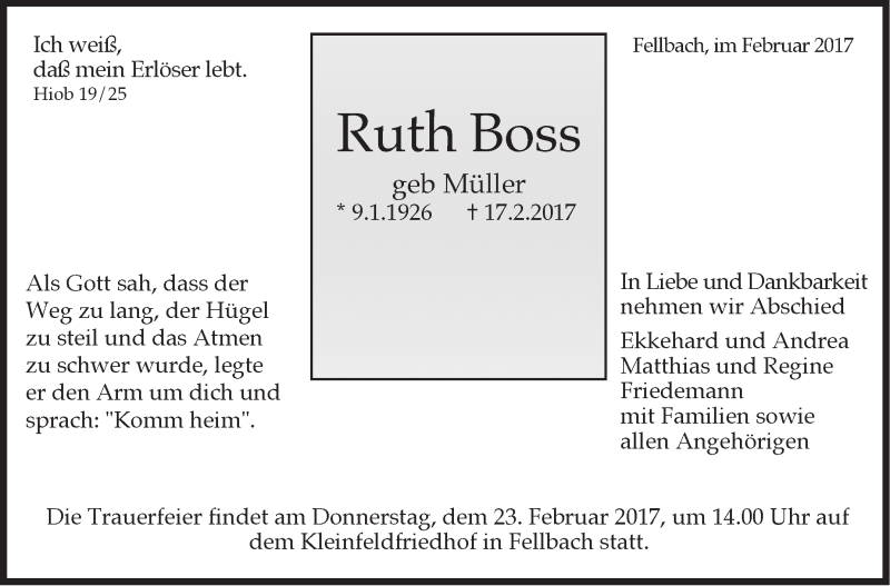  Traueranzeige für Ruth Boss vom 20.02.2017 aus Stuttgarter Zeitung / Stuttgarter Nachrichten