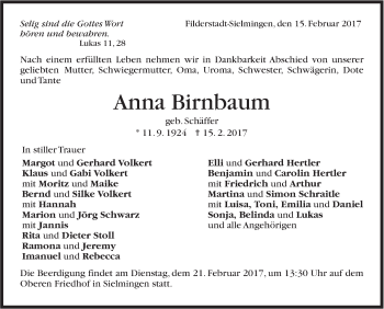 Traueranzeige von Anna Birnbaum von Stuttgarter Zeitung / Stuttgarter Nachrichten