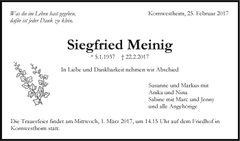 Traueranzeige von Siegfried Meinig von Stuttgarter Zeitung / Stuttgarter Nachrichten