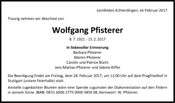 Traueranzeige von Wolfgang Pfisterer von Stuttgarter Zeitung / Stuttgarter Nachrichten