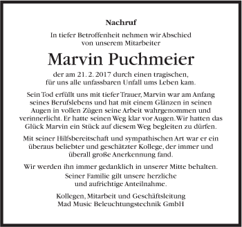Traueranzeige von Marvin Puchmeier von Stuttgarter Zeitung / Stuttgarter Nachrichten