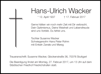 Traueranzeige von Hans-Ulrich Wacker von Stuttgarter Zeitung / Stuttgarter Nachrichten