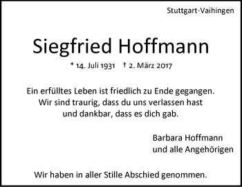 Traueranzeige von Siegfried Hoffmann von Stuttgarter Zeitung / Stuttgarter Nachrichten