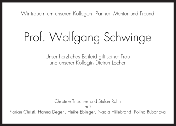 Traueranzeige von Wolfgang Schwinge von Stuttgarter Zeitung / Stuttgarter Nachrichten
