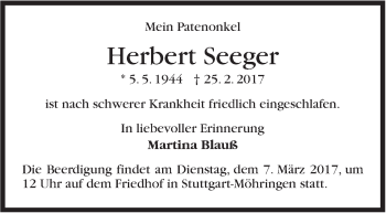 Traueranzeige von Herbert Seeger von Stuttgarter Zeitung / Stuttgarter Nachrichten