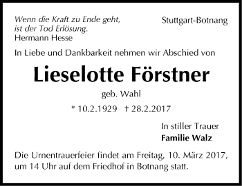 Traueranzeige von Lieselotte Förstner von Stuttgarter Zeitung / Stuttgarter Nachrichten