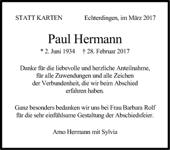 Traueranzeige von Paul Hermann von Stuttgarter Zeitung / Stuttgarter Nachrichten