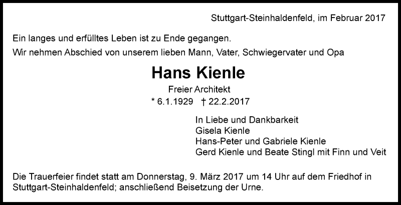  Traueranzeige für Hans Kienle vom 04.03.2017 aus Stuttgarter Zeitung / Stuttgarter Nachrichten