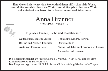 Traueranzeige von Anna Brenner von Stuttgarter Zeitung / Stuttgarter Nachrichten