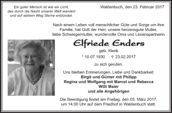 Traueranzeige von Elfriede Enders von Stuttgarter Zeitung / Stuttgarter Nachrichten