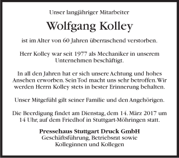 Traueranzeige von Wolfgang Kolley von Stuttgarter Zeitung / Stuttgarter Nachrichten