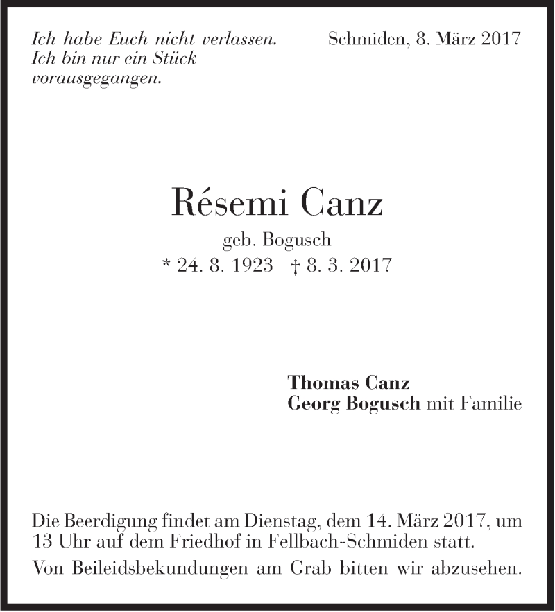  Traueranzeige für Resemi Canz vom 11.03.2017 aus Stuttgarter Zeitung / Stuttgarter Nachrichten