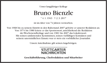Traueranzeige von Bruno Bienzle von Stuttgarter Zeitung / Stuttgarter Nachrichten