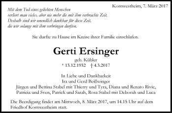 Traueranzeige von Gerti Ersinger von Stuttgarter Zeitung / Stuttgarter Nachrichten