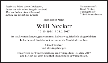 Traueranzeige von Willi Necker von Stuttgarter Zeitung / Stuttgarter Nachrichten