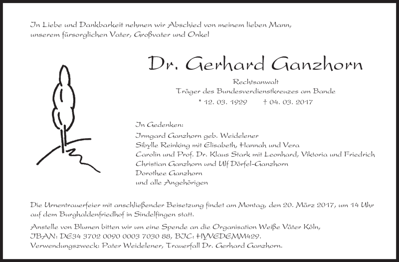  Traueranzeige für Gerhard Ganzhorn vom 15.03.2017 aus Stuttgarter Zeitung / Stuttgarter Nachrichten