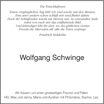 Traueranzeige von Wolfgang Schwinge von Stuttgarter Zeitung / Stuttgarter Nachrichten
