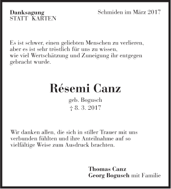 Traueranzeige von Resemi Canz von Stuttgarter Zeitung / Stuttgarter Nachrichten