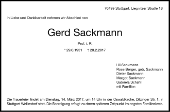 Traueranzeige von Gerd Sackmann von Stuttgarter Zeitung / Stuttgarter Nachrichten