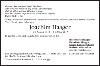 Traueranzeige von Joachim Haager von Stuttgarter Zeitung / Stuttgarter Nachrichten