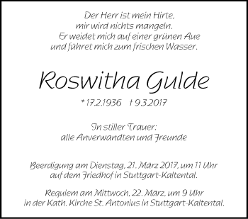 Traueranzeige von Roswitha Gulde von Stuttgarter Zeitung / Stuttgarter Nachrichten