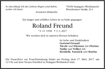 Traueranzeige von Roland Freund von Stuttgarter Zeitung / Stuttgarter Nachrichten