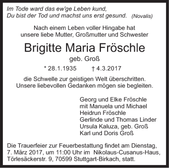 Traueranzeige von Brigitte Maria Fröschle von Stuttgarter Zeitung / Stuttgarter Nachrichten