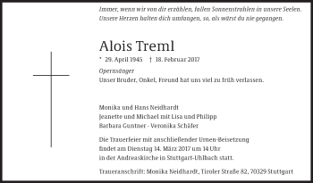Traueranzeige von Alois Treml von Stuttgarter Zeitung / Stuttgarter Nachrichten